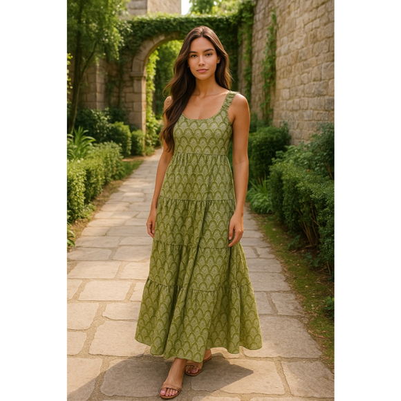 NATURAL LIFE Dresses & Skirts - NATURAL LIFE Green Maxi Dress 100% Cotton XS Cottagecore Boho Tiered Autumn Cozy